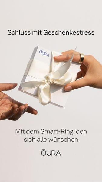 A high-contrast, minimalist ad showing a gift exchange, focusing on the ease and desirability of gifting a smart ring.